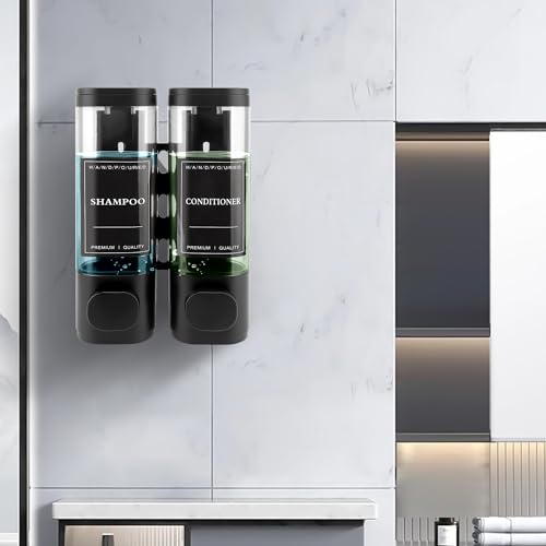 MEKOTRIN Wall Mounted Soap Dispenser, Shower Gel Dispenser, Double Shampoo and Conditioner Dispenser without Drilling ABS for Bathroom, Kitchen, Market, Hotel, Restaurant 300 ml x 2 (Black)