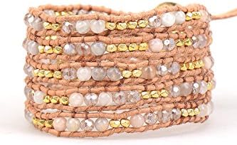 Wrap Bracelet, Leather Beaded Bracelet, Leather Wrap Braclet, Boho Wrap Armband, Bohemian Jewelry, 18K Gold Leather Wristwrap, Sunstone