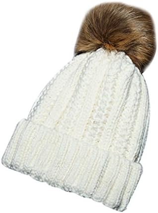 Elegari Women White Thick Winter Warm Knit Beanie Hat with Soft Faux Fur Pom Pom