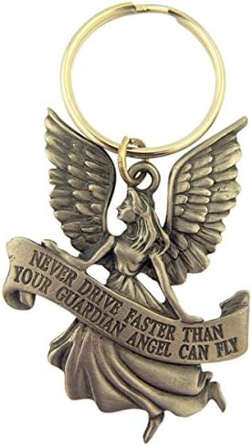 Pewter Guardian Angel with Banner Never Driver Faster Key Chain, Inch