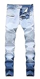 Men's Moto Biker Vintage Distressed Ripped Slim Fit Skinny Stretch Denim Jeans, Blue, W 34