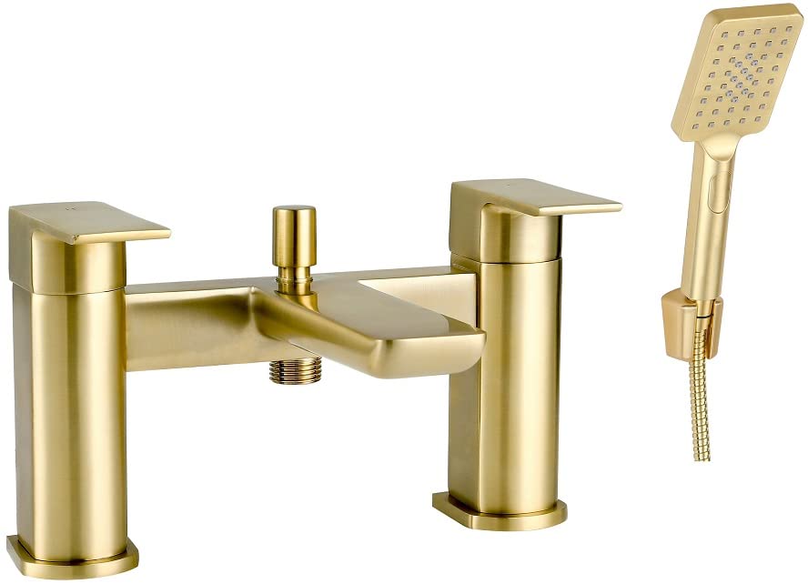 KEDWILL® Bath Shower Mixer Tap Faucet with Shower Kit Handheld Shower Head Bathtub Bathroom Filler Sink Hot and Cold Solid Brass Modern Double Lever Handle Brushed Brass Gold