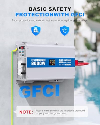 ASMONTRIC 2000W Pure Sine Wave Power Inverter 12V DC to 120V AC Converter with 2 GFCI Outlet 30W USB and 18W Type-C for Car RV Truck Boat Off-Grid, Gray Blue