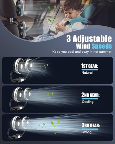Loiisgy Car Fan for Backseat Dual Head Hose, USB Car Rear Seat Fan with 2 Independent Heads and Lights, 3 Speeds and 360 Degree Rotatable Cooling Car Fans