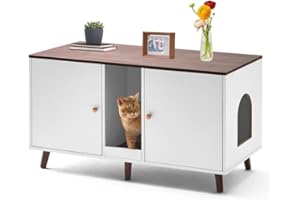 JanflyHome Cat Litter Box Enclosure for 2 Cats, 42.5" Double Hidden Litter Box Cabinet with 2 Doors Scratching Pad, Indoor Cat Washroom Storage Furniture, White