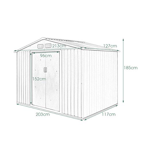 GOPLUS Metall Gerätehaus 213 x 127 x 185 cm, Gartenhaus mit Schiebetür & Fundament & Fenster, Geräteschuppen für Geräte & Werkzeuge, 2,37 m²/4,39 m³ (Grün) – Bild 8