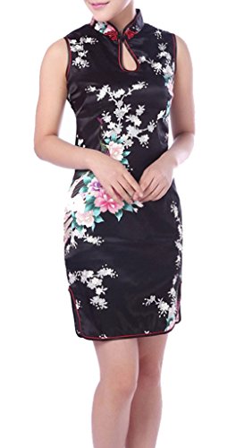 YICHUN Women Short Chinese Party Dress Cheongsam Qipao Sleeveless Bodycon Black