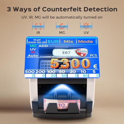 Bonvoisin Professional Banknote Counter, Value Counting for Mixed Euro Banknotes, Money Counter Machine with UV/MG/IR Detection, 1000 Pieces/Min, Banknote Counter with External Display
