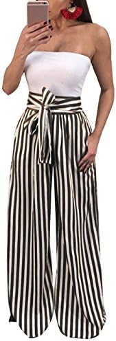 JeanewPole1 Women Casual Striped High Waisted Wide Leg Belted Palazzo Harem Pants by (X-Large, Black)