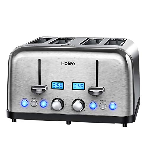 4 Slice Toaster, HOLIFE Stainless Steel Toaster [2 LCD Timer Display] Bagel Toaster (6 Bread Shade Settings, Bagel/Defrost/Reheat/Cancel Function, Wide Slots, Removable Crumb Tray, 1500W, Silver) - Thumbnail 7