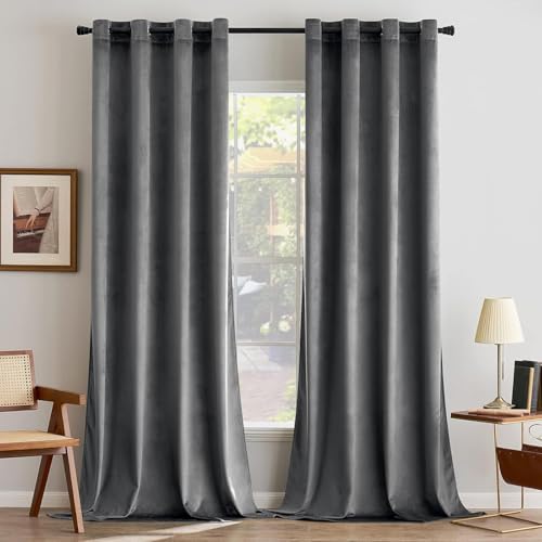 MIULEE Samtvorhang mit Ösen, Vorhänge Blickdicht 140x300 cm Grau, 2er Set