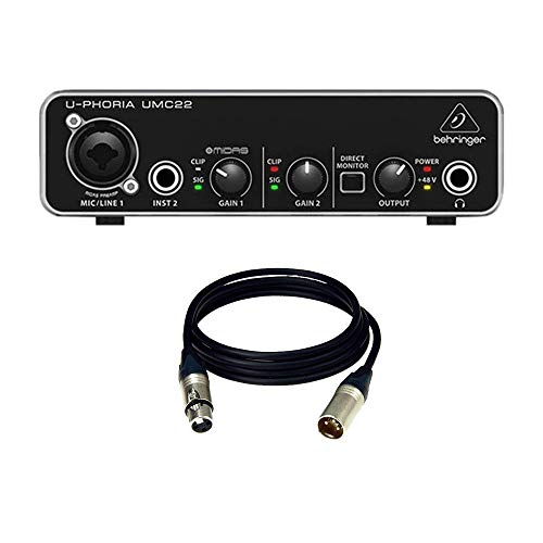 Bajaao Male XLR to Female XLR Cable - 3 Meters and Behringer U-PHORIA UMC22 Audiophile 2x2 USB Audio Interface with MIDAS Mic Preamplifier