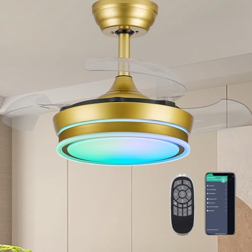 LumZeylith Ventilador de techo retráctil de 30 pulgadas con luz, RGB Modern Fandelier 6 velocidades, cuchillas reversibles, regulables, control remoto de aplicación, temporizador de memoria, dorado