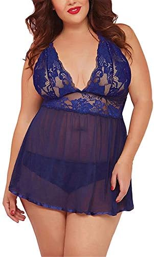 Kelry Fashion Women Plus Size Sexy Lingerie Mesh Perspective Sleepwear Lace Deep V Babydoll Underwear (Blue,5XL)