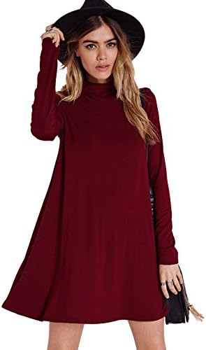 VIVICASTLE Women's Basic Mock Neck Loose Fit Long Slv Tunic Swing Dress (Small, Burgundy)