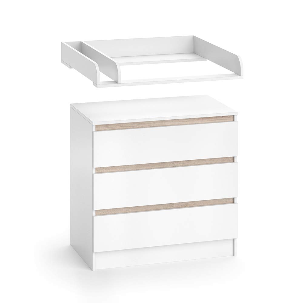 VICCO Wickelkommode Emma mit 3 Schubladen - inkl.Wickelaufsatz Abnehmbar Weiß Sonoma Baby Weiß Sonoma Kinderzimmer