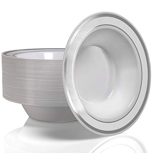 Stock Your Home 12 Oz Fancy Disposable Dinner Bowls for Holidays, Parties, Weddings, Catering, 50 Bowls (Silver)