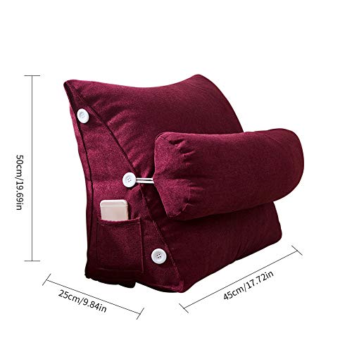 Velvet Adjustable Triangle Back Wedge Cushion Pillow with headrest, Washable Nordic Simple Korean for Bed, Bay Window, Sofa, Office, Chair, Zipper Removable Long Rest Soft Throw Pillows - Wine Red - Thumbnail 7