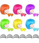 6 Pack Colored Wigs, Funky Colorful Wigs, Short Bob Hair Wigs, Neon Party Wigs, Cosplay Wigs with...