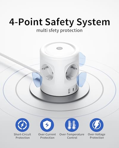7-in-1 Socket Cube with 3 USB, 3680 W Multiple Socket with Switch, 4-Way Power Strip with Light, Multiple Plug, Surge Protection, USB Plug, Cube Extension Cable, 2 m for Office, White