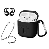 AC Parts AirPods Case Accessories Kits Protective Silicone Cover and Skin 2 Ear Hook Grips, 2 Anti-Loss Staps, 1 Earphone Bag Apple Airpods Charging Case (Black)