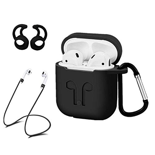 AC Parts AirPods Case Accessories Kits Protective Silicone Cover and Skin 2 Ear Hook Grips, 2 Anti-Loss Staps, 1 Earphone Bag Apple Airpods Charging Case (Black)