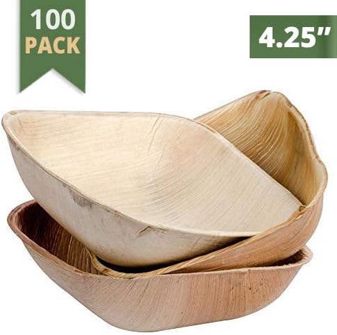 CaterEco4.25-inch Square Palm Leaf Bowl Set (100 Pieces Pack) | Ecofriendly Disposable Dinnerware | Heavy Duty Biodegradable Party Utensils for Wedding, Camping & More