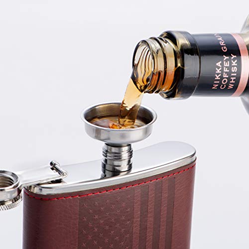YFS Whiskey Flask With American Flag for Liquor and Funnel, 8 Oz Leak Proof Stainless Steel Pocket Hip Flask with Soft Touch Leather Cover, Brown Flask for Men
