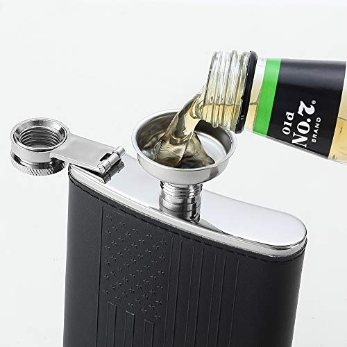 YFS Whiskey Flask With American Flag for Liquor and Funnel, 8 Oz Leak Proof Stainless Steel Pocket Hip Flask with Soft Touch Leather Cover, Black Flask for Men