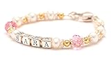 Christening Bracelet Jewelry Gift for Baby Girls - Cultured Freshwater Pearls & Pink Crystal Name Bracelet