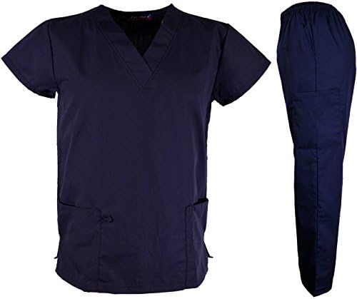 Green Town Unisex Men &amp; Women V Neck Medical Scrubs Top And Bottom Set (Small, Navy)