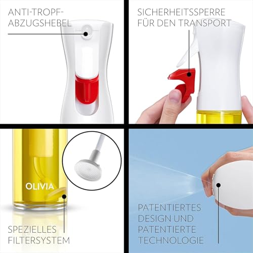 FLAIROSOL Olivia 130 ml Glass Oil Sprayer - Continuous Oil Spray Technology with Portion Control - Versatile Oil Atomiser for Cooking, Salad, Grilling, Baking and Other Scenarios (Golden Logo)