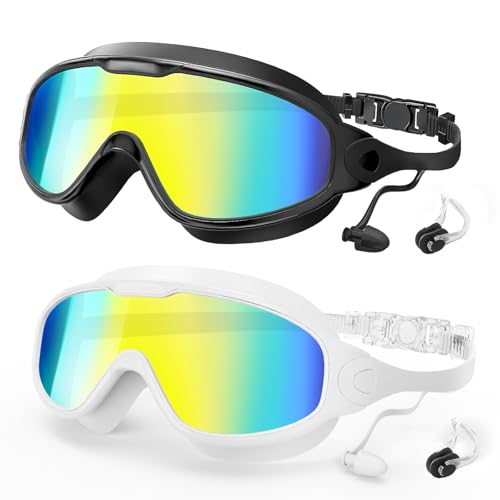Adult Swim Goggles 2 Pack, Anti-Fog Pool Swimming Goggles with 180° Wide View, UV Protection Leakproof Goggles for Men Women Youth