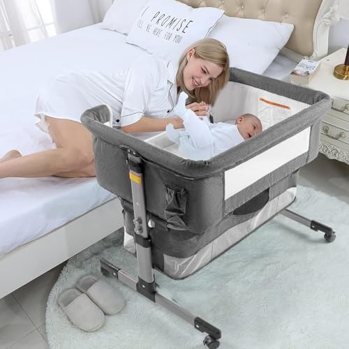 DMG TECH Crib, Bedside Sleeper Bedside Crib, Multifunctional 4-In-1 with Breathable Net, With Diaper Table, Mosquito Net, Mattress, Storage Basket Easy Folding Portable Crib For Newborn Baby