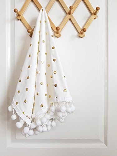 Baby Blankets - girl Pom pom Blanket - White and gold polka dot - Cotton Knit swaddle