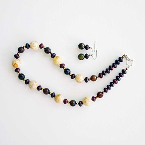 UNIQUE : ELEGANT FOSSIL CORAL 18 MM. &amp; BRECCIATED JASPER NECKLACE AND EARRINGS SET