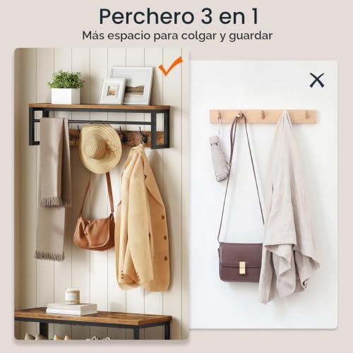 Perchero de Pared con Estante, Perchero Flotante con Barra y 5 Ganchos, Estante Colgante para Paraguas, Sombreros, para Entrada, Pasillo, Sala de Estar, Negro y Marrón Rústico EBF78YM01