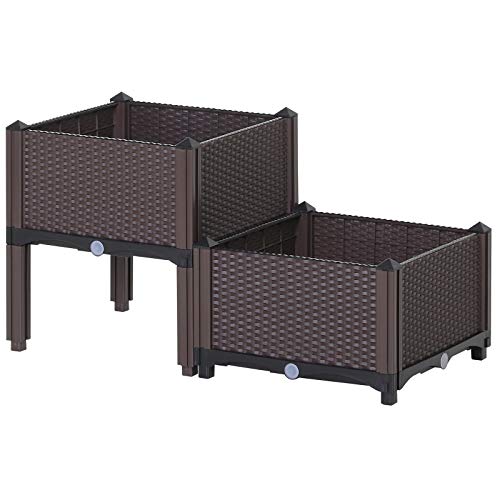 Outsunny Set of 2 Plastic Raised Garden Bed Elevated Planter Box Kit Rattan Pattern with Self-Watering Design and Compact Footprint, Perfect for Flowers Vegetables and Herbs