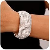 Xerling Full Rhinestones Bracelets Silver and Gold Crystal Cluster Wide Bangle Bracelets for Women Multi-layered Tennis Chain Bracelets (Type A Silver)