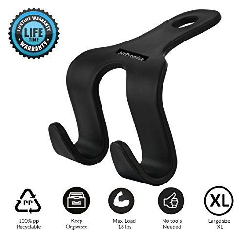 2 Sets Car SUV Headrest Hanger With Double Hooks XL For Back Seat - Great Hanger For Purse, Grocery Bags And Clothes - Convenient Universal Vehicle Storage Organizer – Max. Load 16 Lbs (Black)