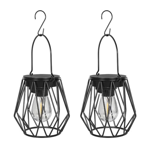 Ketom Pack of 2 Solar Lights for Outdoor Hanging Solar Lantern for Outdoor Standing Metal IP65 Waterproof Solar Pendant Lamp Outdoor Vintage with LED Bulb and Hook, Diamond, Black, for Outdoor Lawn