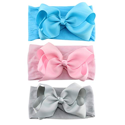 12PCS Baby Girls Grosgrain Ribbon Hair Bows Nylon Headbands 5Inch Big Bow Knotted Soft Nylon Hairbands Turban Head Wrap for Infants Toddlers Newborns Kids