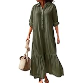 Epanus Women Cotton Linen Long Sleeve Maxi Dress Spring Casual Button Lapel Flowy Beach Vacation Shirt Dress with Pocket