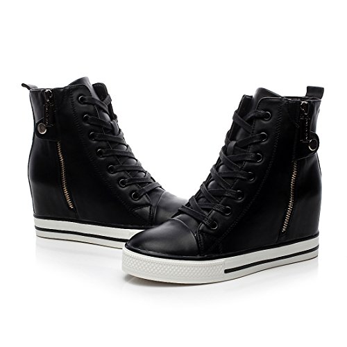 mewow Womens Casual High Top Wedge Hidden Heel Leather Shoes Fashion Sport Sneaker (6.5, Black)