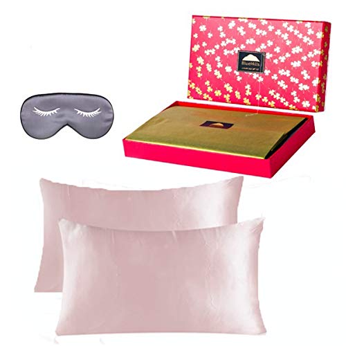BlueHills 22 Momme 100% Pure Mulberry Natural Soft Both Sides Silk Pillowcase for Hair and Skin Hidden Zipper Silk Pillow Case (22 Momme Gift Pack 3 Piece Queen, Dusty Rose)