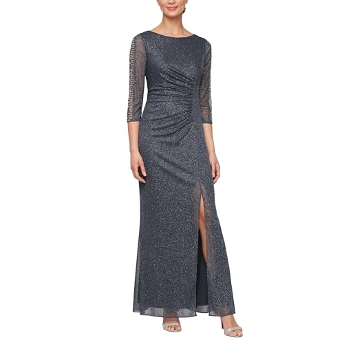S.L. Fashions Women’s Long Length Ruched Waist Formal Evening Dress with Beaded Illusion Sleeves (Petite and Regular Sizes), Smoke