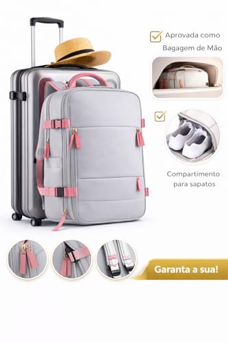 Mochila Viagem Avião Bagagem de mão Viral Impermeável Low Cost Bolsos Isolados P/Sapatos, Notebook, Molhados - Bordo, Cabine, Usb - Cor: Cinza Zíper Rosa