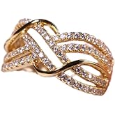 Ganquya Infinity Knot Cubic Zirconia Wedding Ring for Women, Criss Cross Wide Band Ring 18 Yellow Gold Plated Promise Ring for Her Eternity Bands Jewelry Set(7)
