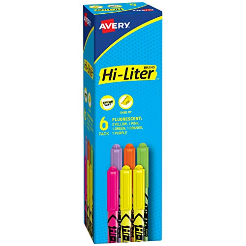 Avery Hi-Liter Pen-Style Highlighters, Smear Safe Ink, Chisel Tip, 6 Assorted Color Highlighters (23565)