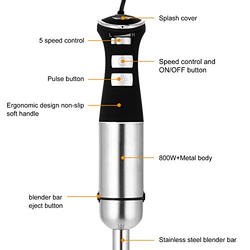Hand Immersion Blender 5-Speed Control 330 Watt Stainless Steel 4-in-1 Multifunctional Mixer with Chopper, Whisk, Blender Jar, Beaker Attachment for Fruit Baby Food Sauce and Smoothies Black